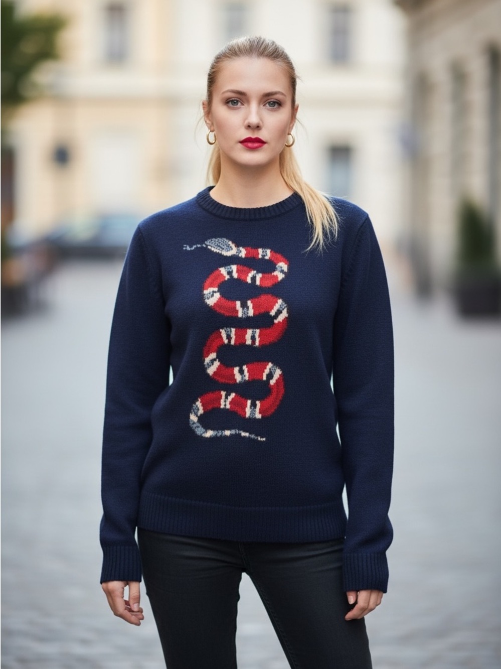 Gucci Navy Crewneck Sweater with Red King Snake Motif